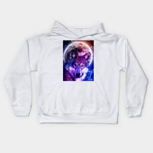 Mystical Wolf Face in Front of the Moon and galaxy Kids Hoodie